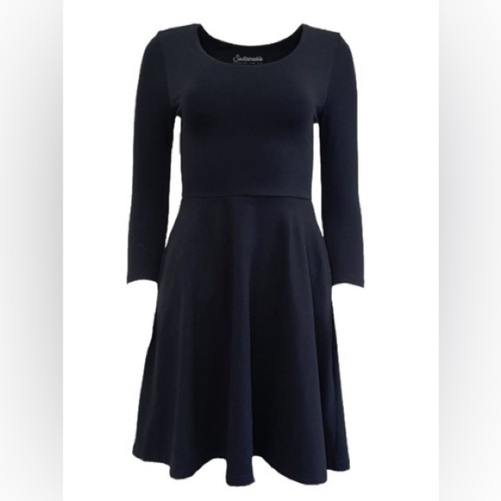 Pact Organic Cotton Fit & Flare Swing Dress Black Small | 3/4 Sleeve | Pockets